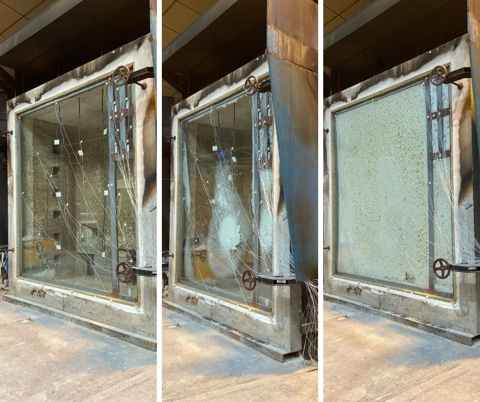 3 images showing the process of testing fire safety glass